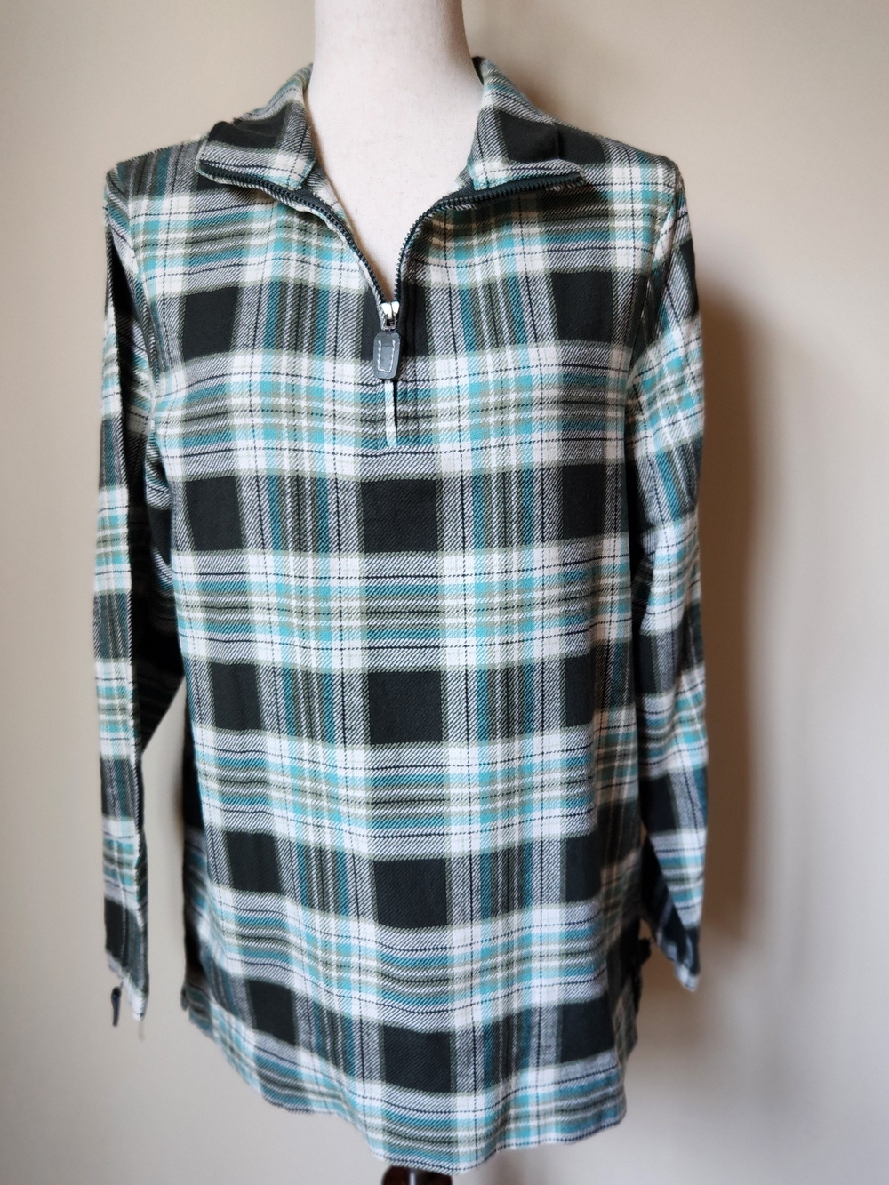 Denim & Co Plaid Quarter Zip Pullover Sweater Cotton Teal Black White Women S